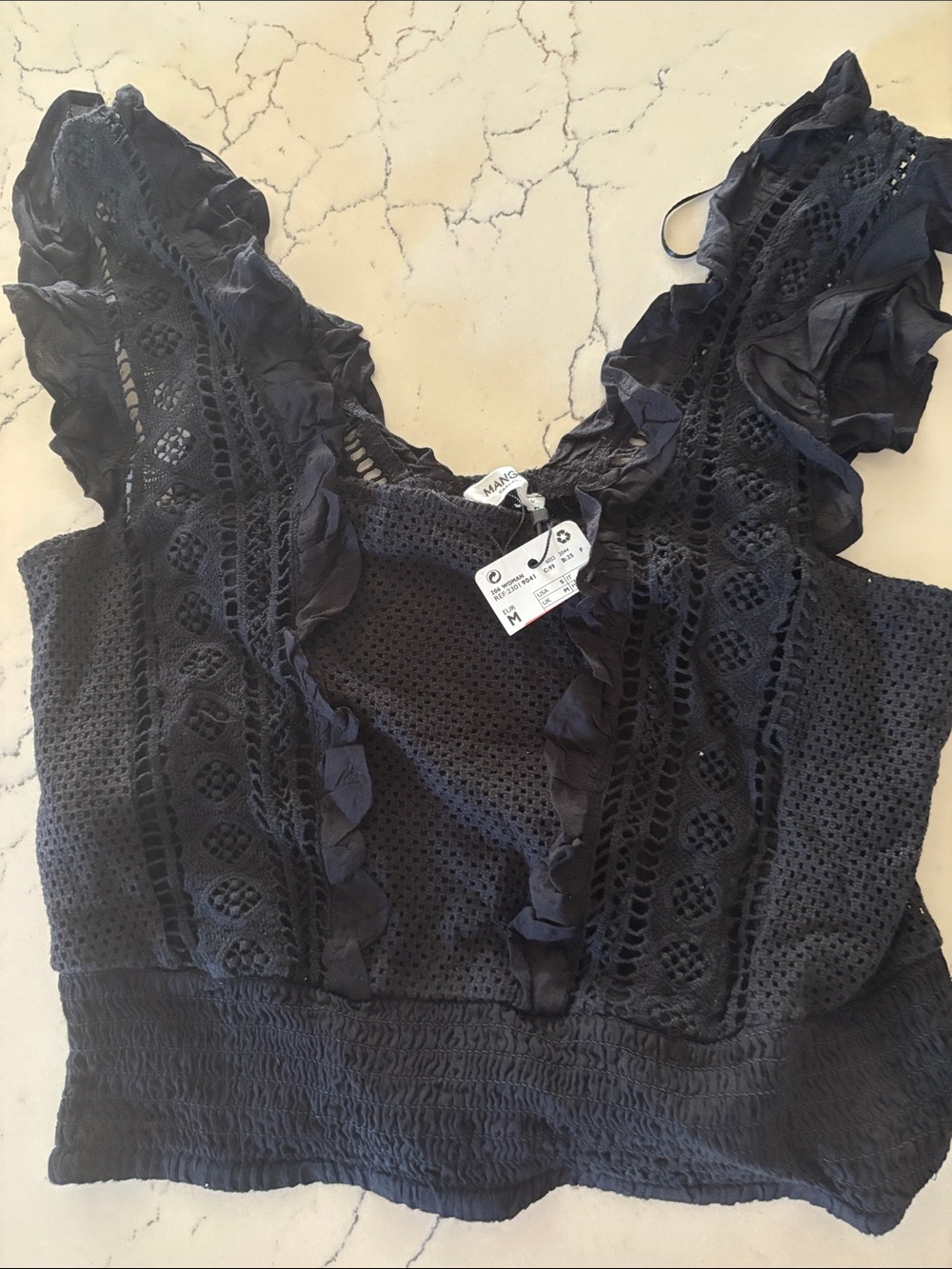 Mango Black Crochet Ruffle Tank Top Sz Medium NWT